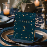 Navy Whimsical Gold Stars Moon Astronomy Wedding Table Number<br><div class="desc">Navy Whimsical Gold Stars Moon Astronomy Wedding</div>