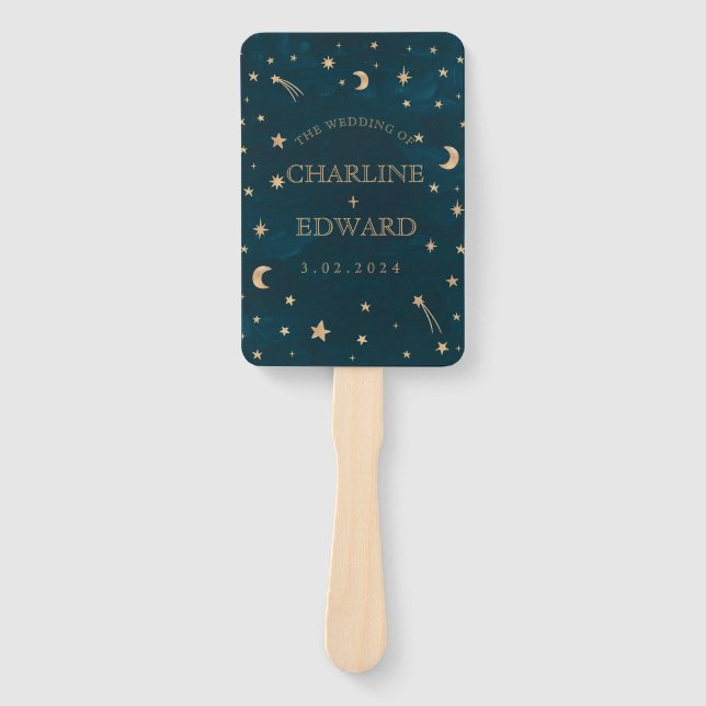 Navy Whimsical Gold Stars Moon Programs Wedding  Hand Fan (Front)