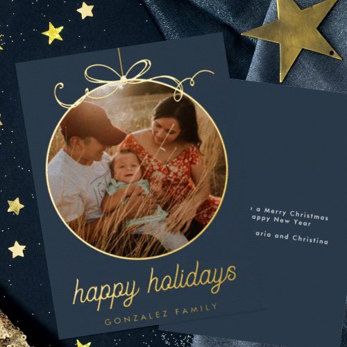 Navy Whimsical Ornament  Bow Photo Foil Holiday Card