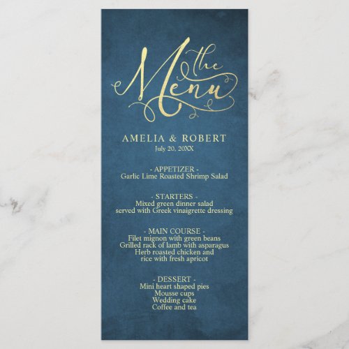 Navy Whimsical Parchment Gold Calligraphy Menu