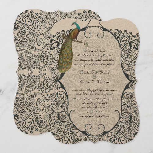 Navy Whimsical  Peacock Love Bird Pattern Wedding Invite
