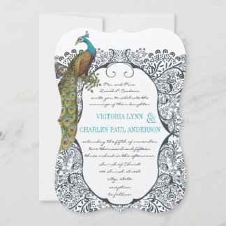 Navy Whimsical  Peacock Love Bird Pattern Wedding Invitation