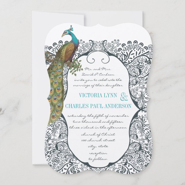 Navy Whimsical  Peacock Love Bird Pattern Wedding Invitation (Front)