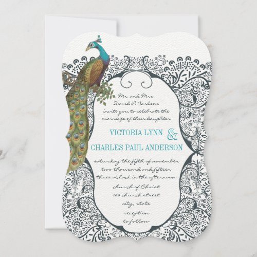 Navy Whimsical  Peacock Love Bird Pattern Wedding Invitation