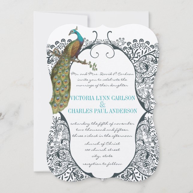 Navy Whimsical  Peacock Love Bird Pattern Wedding Invitation (Front)