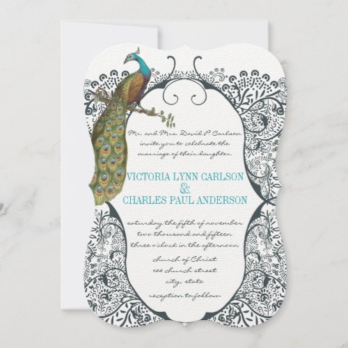 Navy Whimsical  Peacock Love Bird Pattern Wedding Invitation