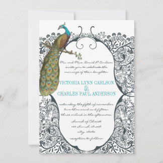 Navy Whimsical Peacock Love Bird Pattern Wedding Invitation