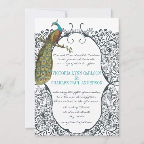 Navy Whimsical  Peacock Love Bird Pattern Wedding Invitation