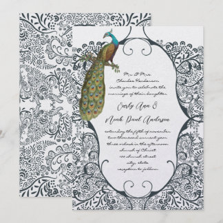 Navy Whimsical Peacock Love Bird Pattern Wedding Invitation