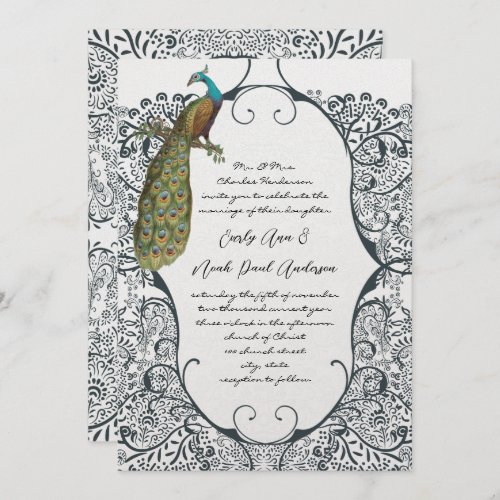 Navy Whimsical Peacock Love Bird Pattern Wedding Invitation