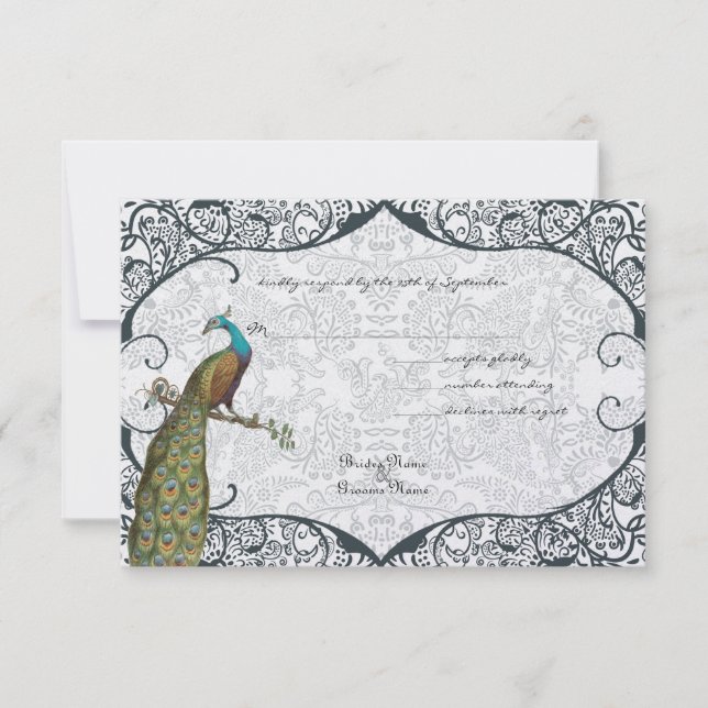 Navy Whimsical Peacock Love Bird RSVP Card (Front)