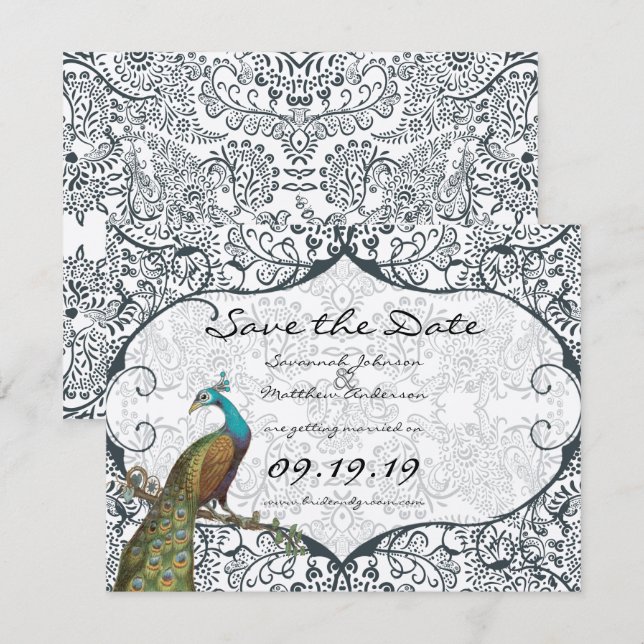 Navy Whimsical Peacock Love Bird Save the Date (Front/Back)