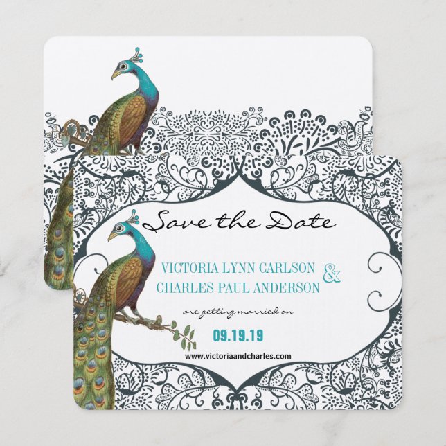 Navy Whimsical Peacock Love Bird Save the Date Invitation (Front/Back)