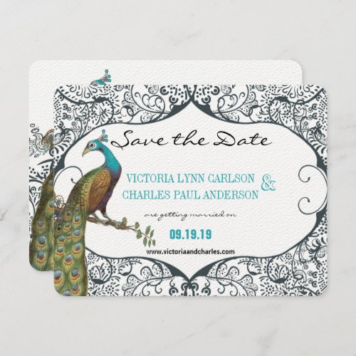 Navy Whimsical Peacock Love Bird Save the Date Invitation