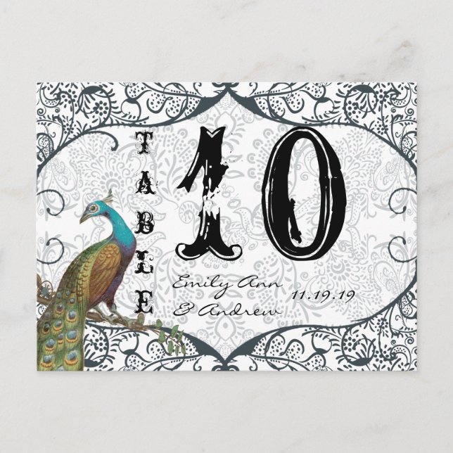 Navy Whimsical Peacock Love Bird Table Number (Front)
