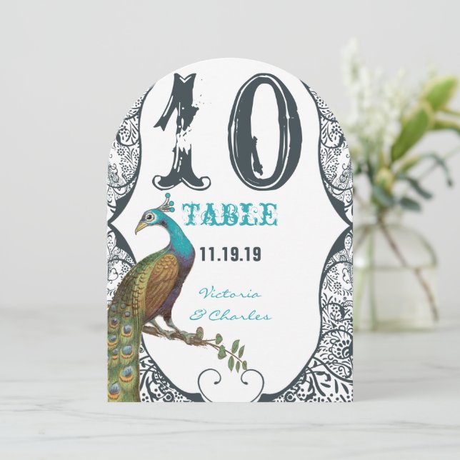 Navy Whimsical Peacock Love Bird Wedding Table No. Invitation (Standing Front)
