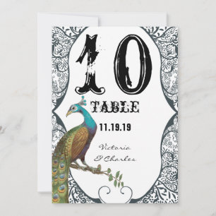 Navy Whimsical Peacock Love Bird Wedding Table No. Invitation