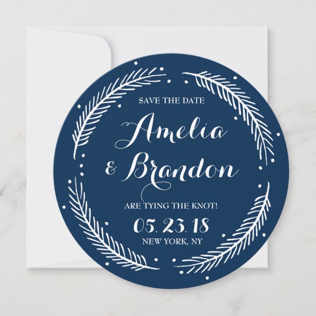 Navy Whimsical Winter Wreath Save the Date Card (Front)