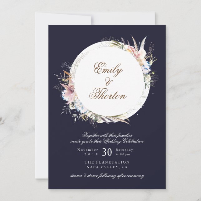 Navy Whimsical Wreath Bohemian Wedding Invitation (Front)