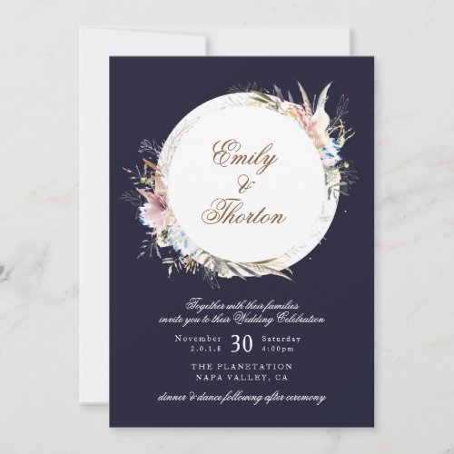 Navy Whimsical Wreath Bohemian Wedding Invitation