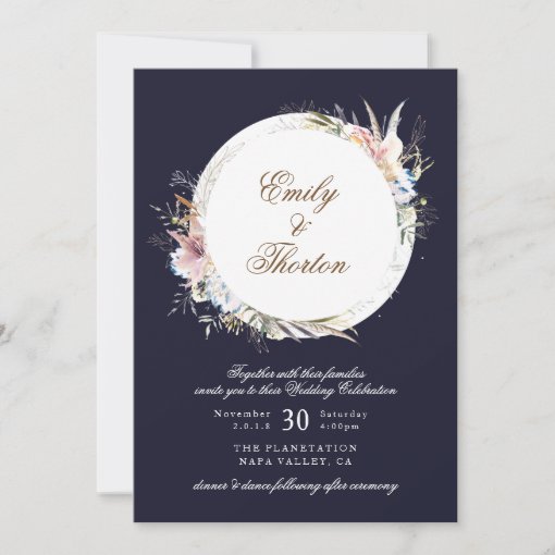 Navy Whimsical Wreath Bohemian Wedding Invitation | Zazzle