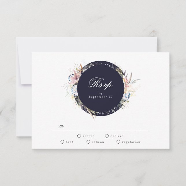 Navy Whimsical Wreath Bohemian Wedding RSVP Card (Front)