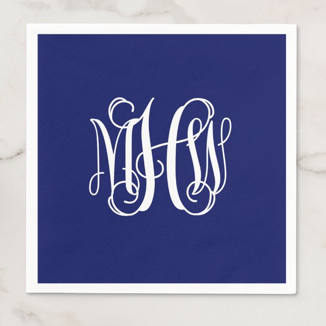 Navy White 3 Initials Vine Script Monogram DIY BG Napkins (Creator Uploaded)