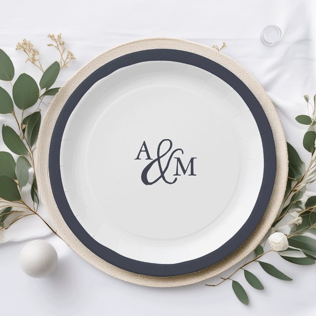 Navy & White Ampersand Monogram Wedding Paper Plates (Creator Uploaded)