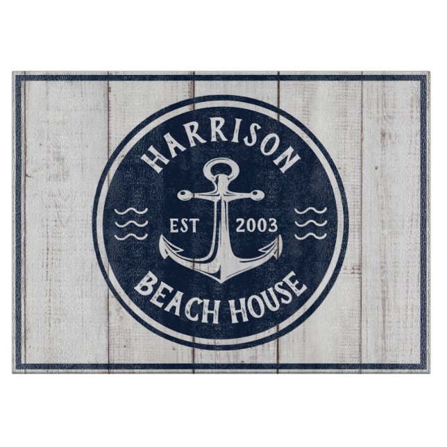 Navy & White Anchor Nautical Family Name Beach  Co Cutting Board (Front)
