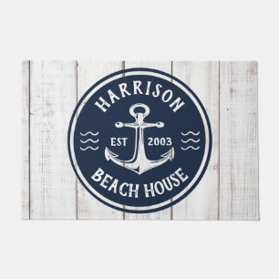 Navy & White Anchor Nautical Family Name Beach Doormat