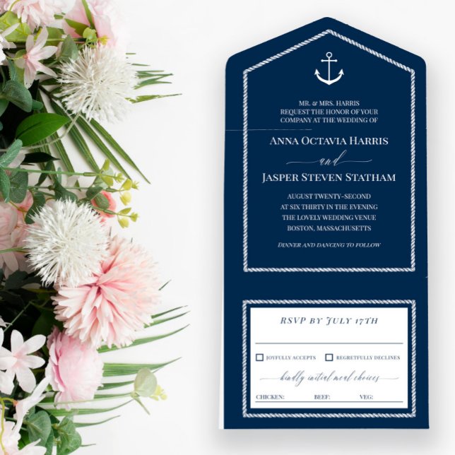 Navy White Anchor Nautical Wedding  All In One Invitation (Creator Uploaded)