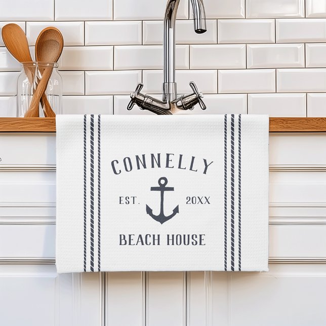 Navy & White Anchor Personalized Beach House Kitchen Towel (Creator Uploaded)