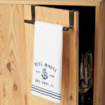 Navy & White Anchor Personalized Boat Name Kitchen Towel<br><div class="desc">Customize your boat galley with this cute personalized kitchen towel featuring your boat name,  ship's registry,  and year established in navy blue lettering accented with an anchor illustration.</div>