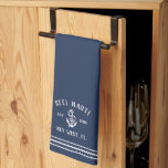 Navy & White Anchor Personalized Boat Name Kitchen Towel<br><div class="desc">Customize your boat galley with this cute personalized kitchen towel featuring your boat name,  ship's registry,  and year established in white accented with an anchor illustration on a classic navy blue background.</div>