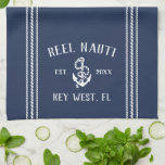 Navy & White Anchor Personalized Boat Name Kitchen Towel<br><div class="desc">Customize your boat galley with this cute personalized kitchen towel featuring your boat name,  ship's registry,  and year established in white accented with an anchor illustration on a classic navy blue background.</div>