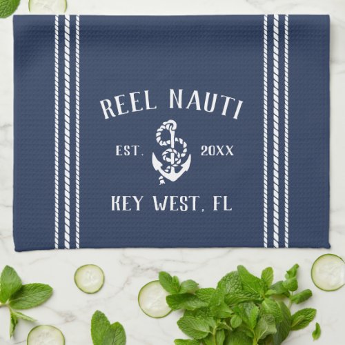 Navy  White Anchor Personalized Boat Name Kitchen Towel