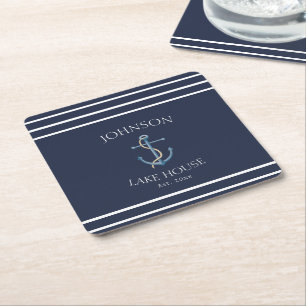 Navy White Anchor Stripe Lake House Name Square Paper Coaster