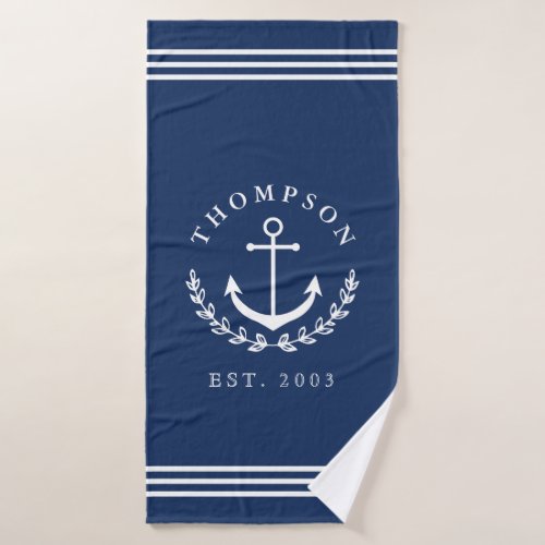 Navy White Anchor Wreath Nautical Name  Year Est Bath Towel