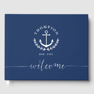 Navy White Anchor Wreath Nautical Name & Year Est Guest Book