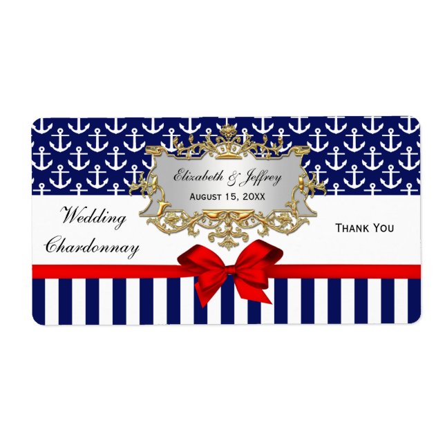 Navy White Anchors Stripe Red Bow Party Wine Label (Front)
