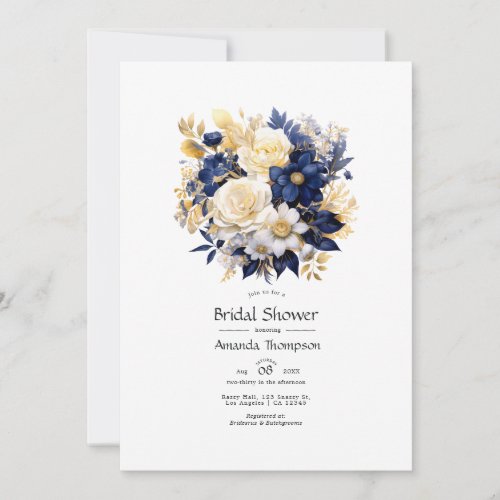 Navy White and Gold Floral Bridal Shower Invitation