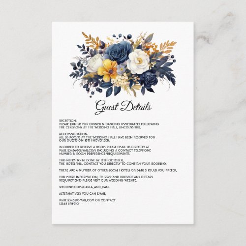 Navy White and Gold Floral Wedding Guest Details Enclosure Card