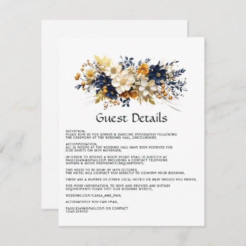 Navy White and Gold Floral Wedding Guest Details Enclosure Card