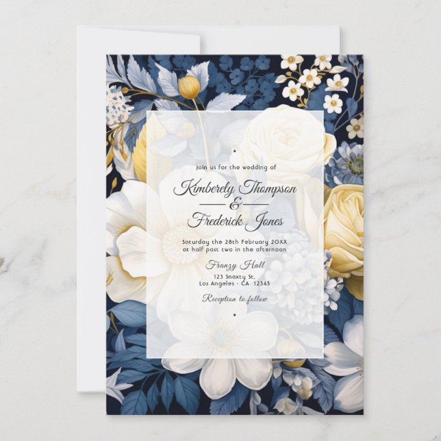 Navy, White and Gold Floral Wedding Invitation (Front)
