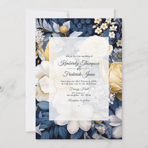 Navy White and Gold Floral Wedding Invitation