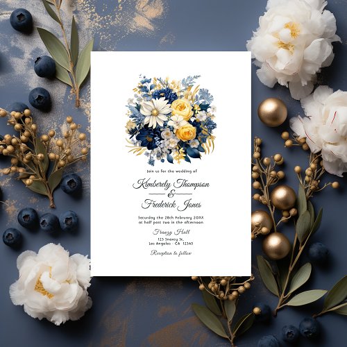 Navy White and Gold Floral Wedding Invitation