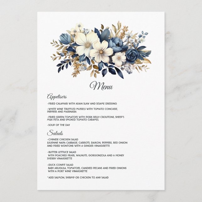 Navy, White and Gold Floral Wedding Menu (Front)