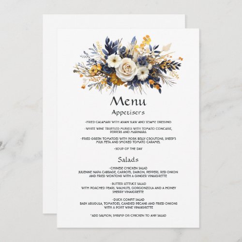Navy White and Gold Floral Wedding Menu