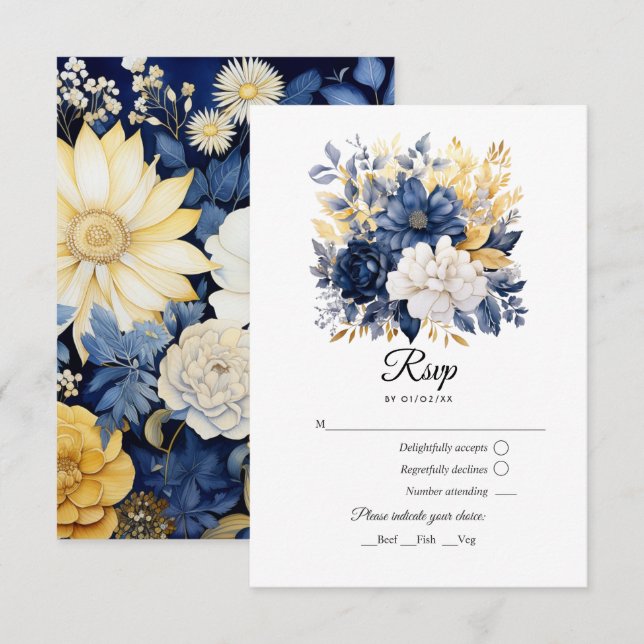 Navy, White and Gold Floral Wedding RSVP Card (Front/Back)