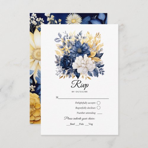 Navy White and Gold Floral Wedding RSVP Card